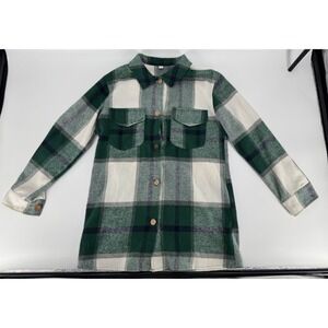 Womens Plaid Button Up Shirt Jacket Green Cream Long Sleeve Casual Size S